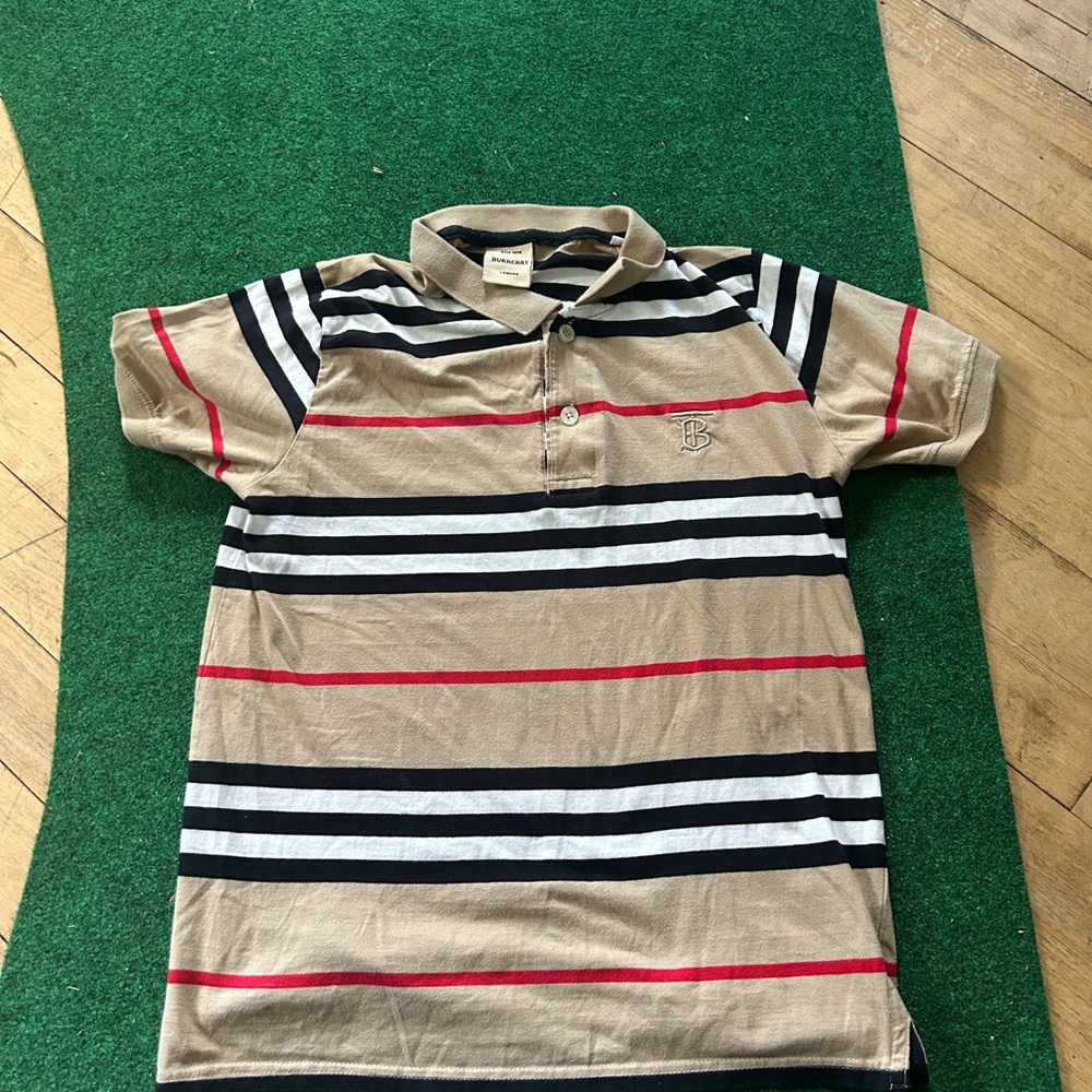 Burberry Tan Polo with Black, White & Red Stripes